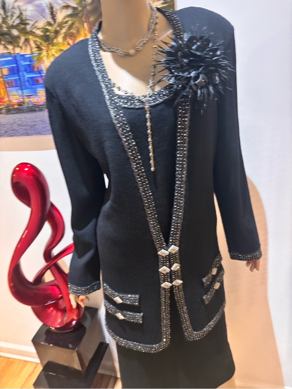 St. John Black Embellished skirt suit set Blazer jacket evening sequins 16 XL